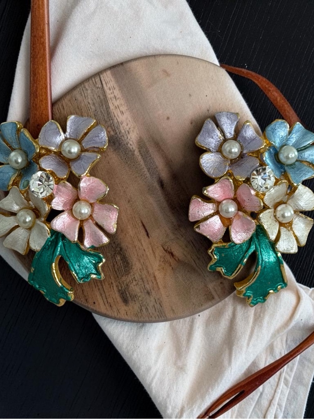 Floral Pearl & Crystal Drop Earrings in Pink, Blue, White and Purple